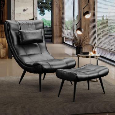 Imagem de Conjunto Poltrona E Puff Decorativo Sala De Estar Pés Palito Letty Pu Preto G19 - Gran Belo