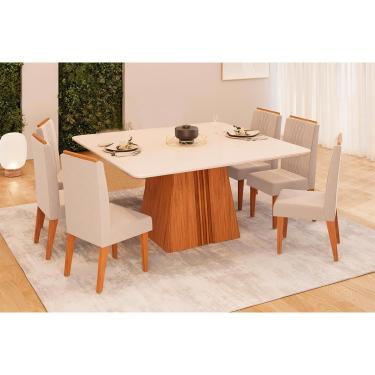 Imagem de Conjunto: Mesa de Cozinha Itália c/ Tampo Madeirado c/ Vidro Curvo 136x136cm e 6 Cadeiras Lia Freijo/Off White - Linho Neve - DJ Móveis