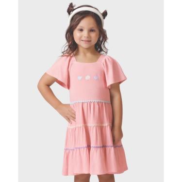 Imagem de Vestido linho bordado coração verão delicado leve encantador - Creme e Rosa - Menina 1 a 3 anos-Feminino