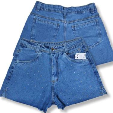 Imagem de Short Jeans Feminino Cintura Alta Com Pedrarias Bilhantes Coloridas e 