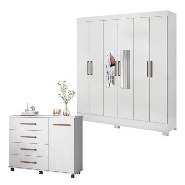 Imagem de Cômoda e Guarda Roupa Casal Flora Prático 7 Portas 7 Gavetas em MDP com Espelho Branco