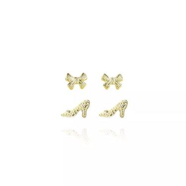 Imagem de Brinco Floratta Joias Duo de Sapatinho e Laço Folheado em Ouro 18k 0 e 6cm Dourado Femi...