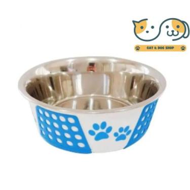 Imagem de Comedouro Cães The Pets Inox Decorado Pata Bolinha Azul 400ml - The Pe