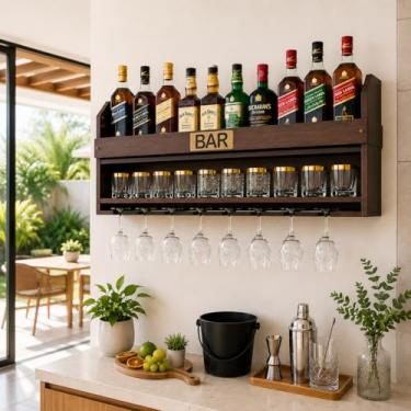 Imagem de Bar Barzinho Adega Aparador Suspenso Porta Taças Vinhos Bebidas Madeira Grande MDF Decoração Churrasco Rustico 100x45cm Tabaco Fosco