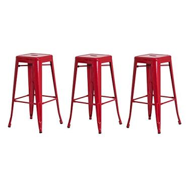 Imagem de Kit 3 Banquetas Tolix Iron Design Industrial Vermelha 76 cm Aço Cozinha Bar Bistrô Bancada