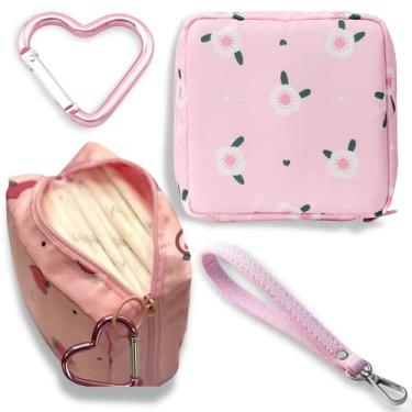 Imagem de Adorable Pink Peri - Guardanapos sanitários reutilizáveis bolsa de armazenamento portátil para mulheres e meninas | Feito de nylon resistente à água reutilizável | Período zero desperdício (pêssego + flor)