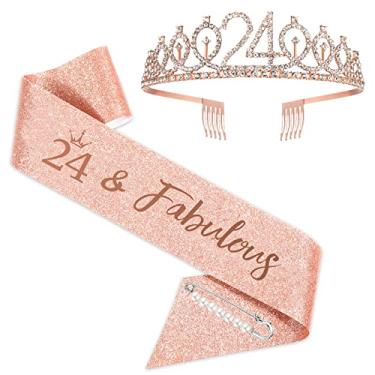 Imagem de Faixa e tiara de aniversário de 24 anos para meninas, coroa de faixa de aniversário de ouro rosa 24 e faixa fabulosa para meninas, de 24 anos para lembrancinhas de festa de feliz 24 anos
