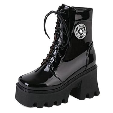 Imagem de Botas de plataforma femininas no tornozelo Chunky Block Punk com cadarço de salto alto gótico motociclismo botas de combate,Black,3 UK/36 EU