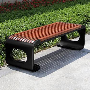 Imagem de KIZQYN Banco de jardim banco externo sem encosto banco de estrutura de aço inoxidável placa de assento de madeira banco de parque simples banco de parque durável móveis de lazer bancos ao ar livre (cor: 1)