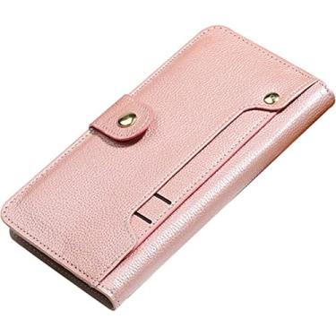 Imagem de RAYESS Capa carteira para iPhone 14 Plus, suporte de cartão de couro genuíno premium magnético folio suporte flip capa protetora de telefone à prova de choque para iPhone 14 Plus (cor: rosa)