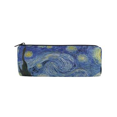 Imagem de Estojo redondo para lápis pintura artística óleo lua montanha multifuncional, bolsa organizadora com fecho de zíper