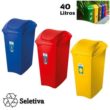 Imagem de Kit 3 Lixeiras 40 Litros Seletivas Para Plástico Papel Metal Cesto De Lixo Tampa Basculante - Sanremo