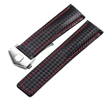 Imagem de SAWIDEE Padrão de fibra de carbono pulseira de couro genuíno 20mm 22m para TAG HEUER MONACO Series pulseira de relógio pulseira de couro pulseira de relógio de couro (cor: preto vermelho