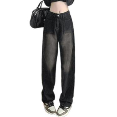 Imagem de Calças jeans calças jeans europeias e americanas femininas de alta espera solta ajuste perna larga perna reta jeans, Preto, cinza, P