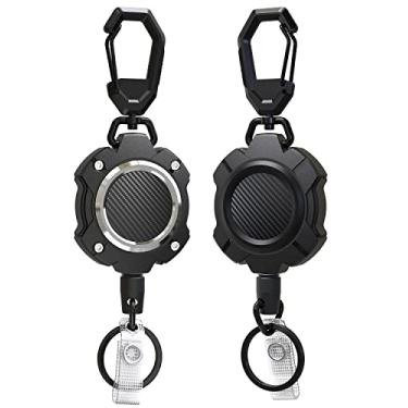 Imagem de LIUGX Pacote com 2 chaveiros retráteis, chaveiros de mosquetão resistente, mais de 10.0000 rebote, carretéis de crachá de identificação de resistência a impactos com corda de fio de 80 cm e chaveiro, até 227 g, anel de alumínio, textura de fibra de carbono