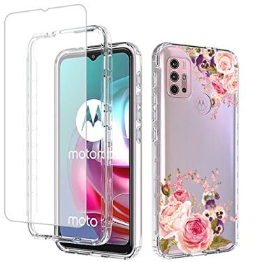Imagem de Vavies Capa para Moto G30/Moto G10/G10 Power/Moto G20 XT2129-1 com protetor de tela de vidro temperado, capa de telefone transparente com design floral para Motorola Moto G30 (flor rosa)
