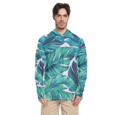 Imagem de Moletom masculino com capuz e proteção solar manga comprida FPS 50 + camisetas masculinas leves artísticas com estampa tropical, Design artístico com estampa tropical de palmeiras, P