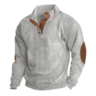 Imagem de Pulôver masculino de veludo cotelê com cotovelo remendado, camisa Henley com botão de manga comprida, gola simulada vintage, top externo (Color : Light gray, 32-33, 3435, 36-37, 38-39, 40-41, 4