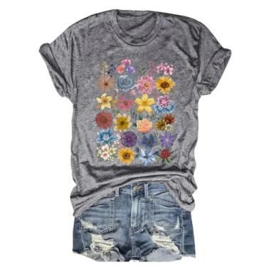Imagem de Camiseta feminina ousada com estampa de flores silvestres super macia, manga curta, gola redonda, casual, fofa, tops, Cinza - 1, P