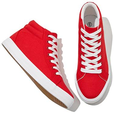 Imagem de XRH Tênis feminino de lona preta para caminhar, tênis branco antiderrapante de cano alto com cadarço, moda casual tênis de cano médio (confortável, respirável, moderno), Vermelho, 5.5