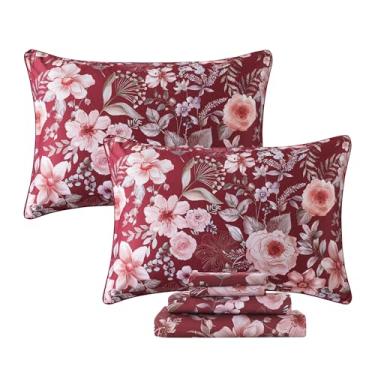 Imagem de FADFAY Conjunto de lençóis florais solteiro vintage vermelho floral roupa de cama rosa gasto elegante peônia lençóis rústicos casa de fazenda 800 fios 100% algodão egípcio lençol com bolso profundo 4