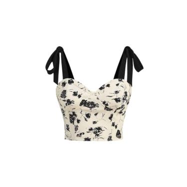 Imagem de BEAUDRM Camiseta regata feminina com estampa floral com laço e alça larga boho sem mangas slim fit, Preto e branco, G