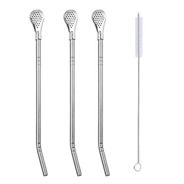 Imagem de Qishing Colher de filtro reutilizável de aço inoxidável 304, colher para erva-mate, coador de chá de folhas soltas, adequado para cafeterias, restaurantes, lojas de chá com leite (1 pincel limpador, 3