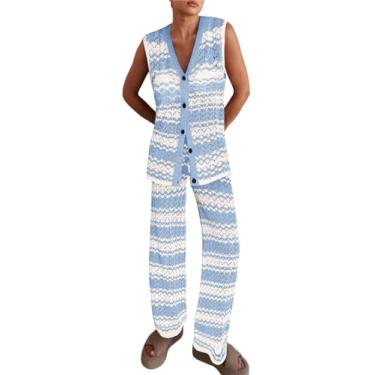 Imagem de Imily Bela Conjunto feminino de malha de 2 peças, conjunto de roupas de verão sem mangas, colete e calça larga listrada, Azul, XX-Large