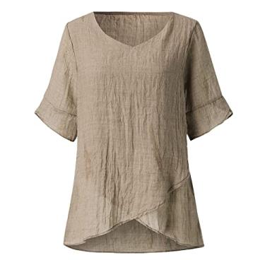 Imagem de Camisetas femininas de linho de algodão manga curta casual gola redonda morcego camiseta grande leve solta verão tops, Caqui, 3G