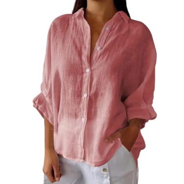 Imagem de Camisa de algodão e linho para mulheres, manga comprida, gola V, gola V, blusa de botão, blusas modernas de verão, rosa, P