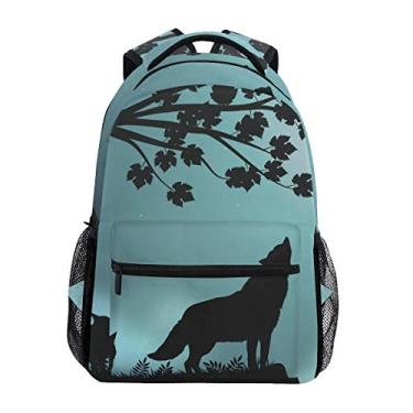 Imagem de Mochila de viagem com estampa de lobo da lua noturna da Blueangle para mochila escolar resistente à água, Evening Moon Wolf, 11.5x8x16in