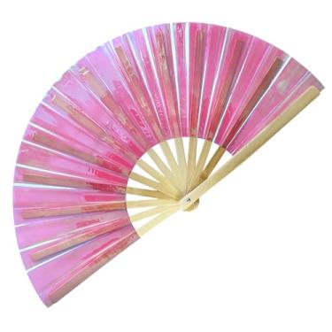 Imagem de dmjuncong Grande ventilador dobrável para rave, ventilador de mão com cores a laser rosa para festivais, roupas de arco-íris, festa discoteca, decoração de casa e muitas ocasiões