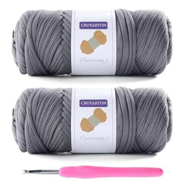 Imagem de Pacote com 2 fios de camiseta para crochê com 1 agulha de crochê, fio elástico para bolsa de crochê/cestas/decoração de casa, fio espaguete fio grosso de tricô comprimento total 130 metros, peso 397 g
