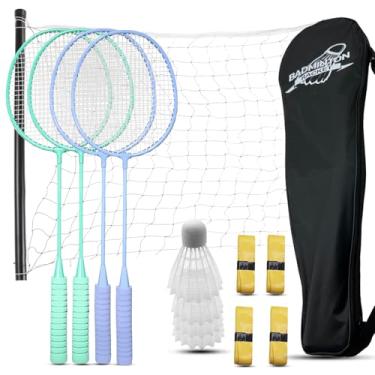Imagem de Magicorange Conjunto de 5 raquetes de badminton para jogos de quintal ao ar livre, incluindo 4 raquetes, 4 petecas, 4 fitas de substituição, 1 rede de badminton e 1 bolsa de transporte (verde + roxo)