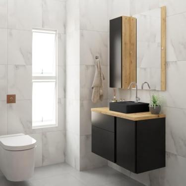Imagem de Conjunto para Banheiro Gabinete 80cm 1 Porta 2 Gavetas Castellon com Cuba e Espelheira Preto