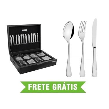 Imagem de Faqueiro Zurique 101 Peças em Aço Inox com Facas de Mesa Acabamento Alto Brilho com Estojo de Madeira Tramontina 66986/214