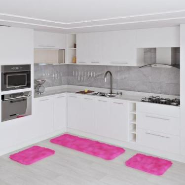 Imagem de Jogo Kit Tapete Cozinha Anti Derrapante 3 Uni Rosa - Tapetes Saturs