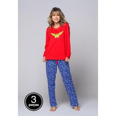 Imagem de Kit 3 Pijamas Inverno Estampa Mulher Maravilha Manga Longa - Vekyo, G,