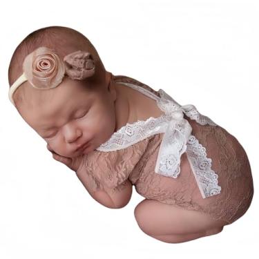 Imagem de Acessório para fotografia de bebê, macacão de renda, roupa de sessão de fotos para meninas recém-nascidas, tiara de flores, fantasia de princesa, Cor de ló, 0-30 days