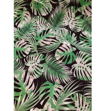 Imagem de Tecido Jacquard Estampado Tropical Folhagem Verde Fundo Preto - 1,40m 