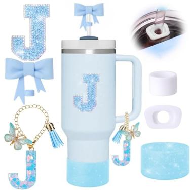 Imagem de Conjunto de 6 peças de acessórios de copo Stanley azul, topo de canudo de arco para copo Stanley 850 g 1,134 g, incluindo cobertura de palha e bota de silicone brilhante, tampas à prova de