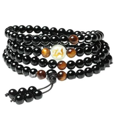 Imagem de Obsidiana natural esculpida luminosa dragão padrão olho de tigre pedra zodíaco pulseira 108 contas rosário budista elástico ajustável preto buda rosário colar étnico mala yoga terapia brilha no escuro