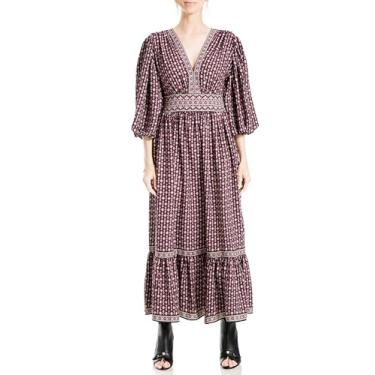 Imagem de Max Studio Vestido longo feminino com manga bufante 3/4 gola V, Wine Simple Signet, P