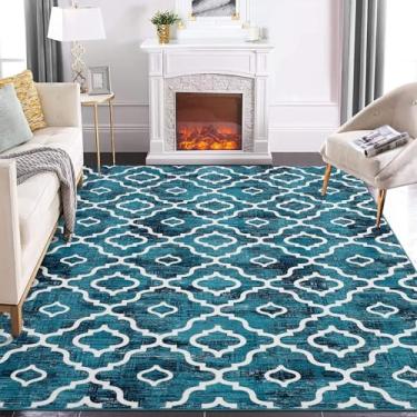 Imagem de GlowSol Tapetes laváveis à máquina para sala de estar, 22 x 30 cm, antiderrapante, grande, macio, azul-petróleo para quarto, sala de jantar, tapete resistente a manchas para quarto de crianças,