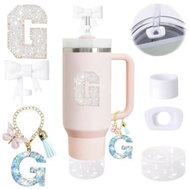 Imagem de Conjunto de 6 peças de acessórios de copo Stanley branco adequado para Stanley Cup 850 g 1,134 g, incluindo pingente de alça, adesivo inicial personalizado, topo de palha, bota de silicone brilhante,