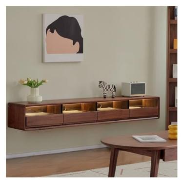 Imagem de Meuble télé mural Suporte de TV flutuante de madeira de nogueira, armário de TV montado na parede com 4 portas, console de mídia de entretenimento moderno grande prateleira de armazenamento sob TV