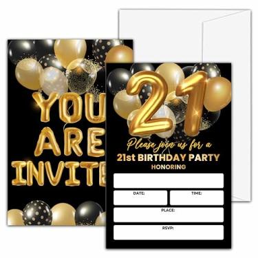 Imagem de valucise Convites de aniversário de 21 anos, convites de festa de aniversário preto e dourado, cartões de convite de preenchimento de balão de ouro, suprimentos de lembrancinha de festa de aniversário