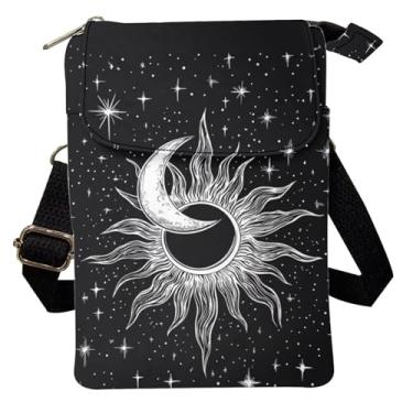 Imagem de Xpyiqun Bolsa tiracolo feminina Sun Moon Small Canvas Mini Messenger Bag Galaxy Sapce Bolsas para celular bolso com zíper bolsa tiracolo bolsa transversal bolsa espaçosa e resistente porta-cartões