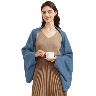 Imagem de BRYCTSISEN Lenço feminino leve de lã com mangas externo quente tricotado aberto frente poncho capa outono inverno, Azul, Tamanho Único