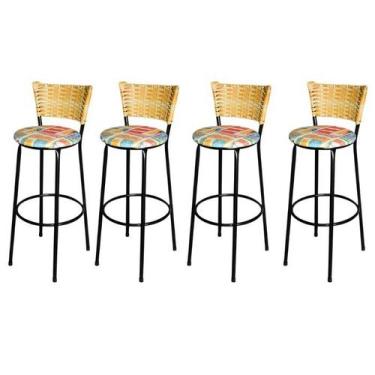 Imagem de Jogo 4 Banqueta Alta Para Cozinha Ratan Palha Preta Estofado Cerveja -